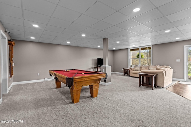 game room featuring carpet, billiards table, baseboards, recessed lighting, and a paneled ceiling