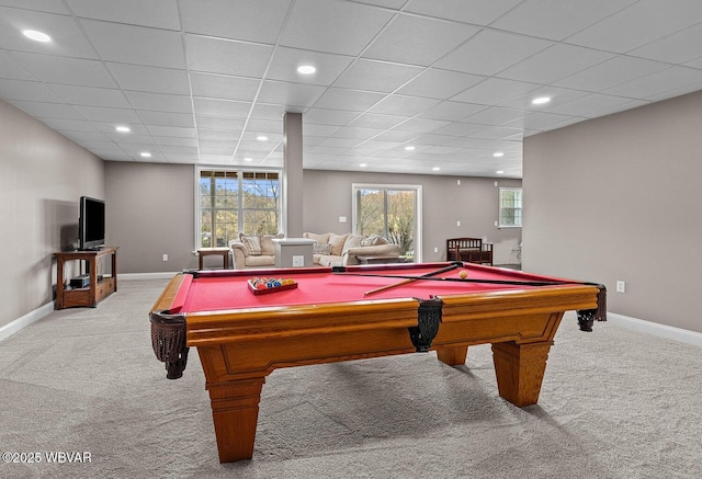 game room with carpet floors, billiards table, recessed lighting, baseboards, and a paneled ceiling