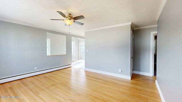 empty room with crown molding, ceiling fan, baseboard heating, and light hardwood / wood-style flooring