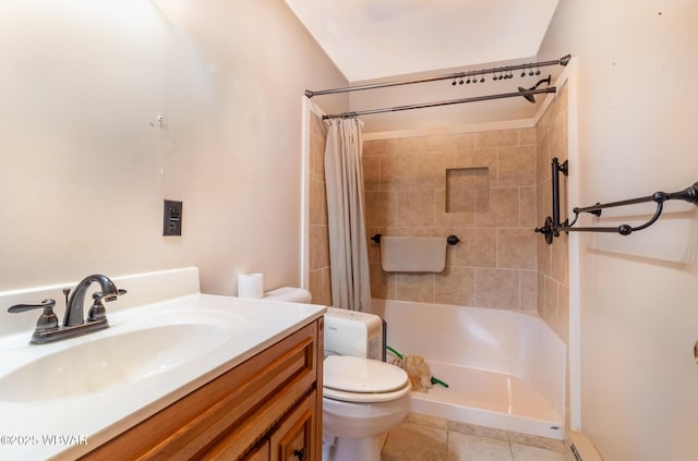 bathroom with a shower with shower curtain, vanity, toilet, and tile patterned floors