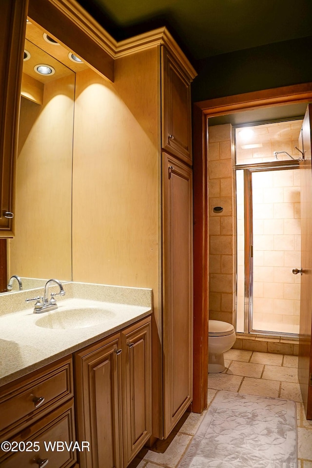 bathroom with a stall shower, vanity, and toilet