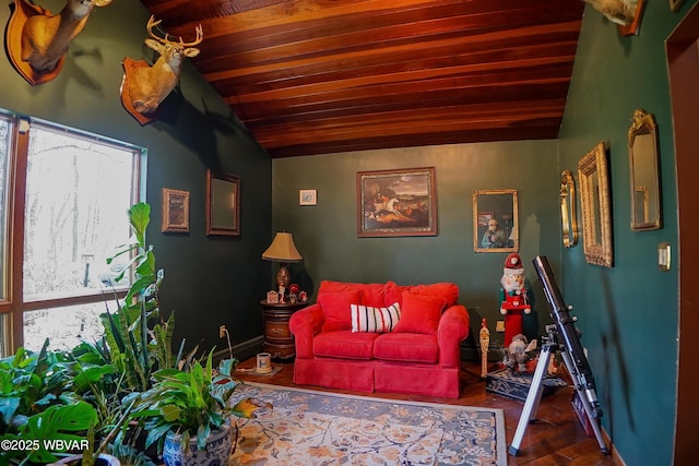 living room featuring wooden ceiling, lofted ceiling, and wood finished floors