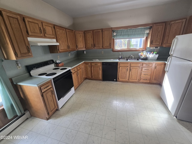 kitchen with baseboard heating, sink, and white appliances