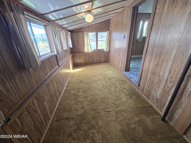 hall with carpet, plenty of natural light, wood walls, and lofted ceiling