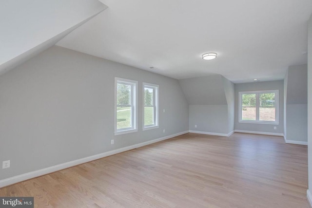 spare room with plenty of natural light, light hardwood / wood-style floors, and lofted ceiling