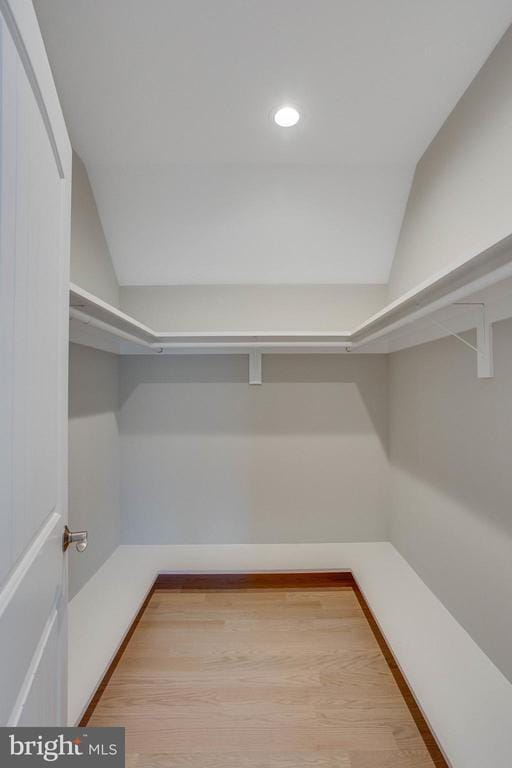 walk in closet featuring vaulted ceiling and light wood-type flooring