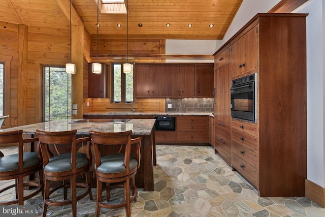 kitchen featuring light tile floors, hanging light fixtures, wooden ceiling, vaulted ceiling, and black appliances