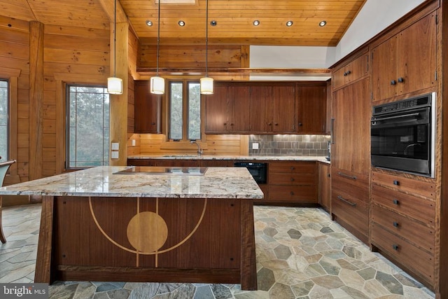 kitchen featuring wooden ceiling, light tile floors, black appliances, pendant lighting, and lofted ceiling