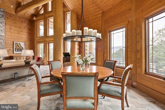 dining area with wooden walls, a healthy amount of sunlight, a chandelier, and wooden ceiling