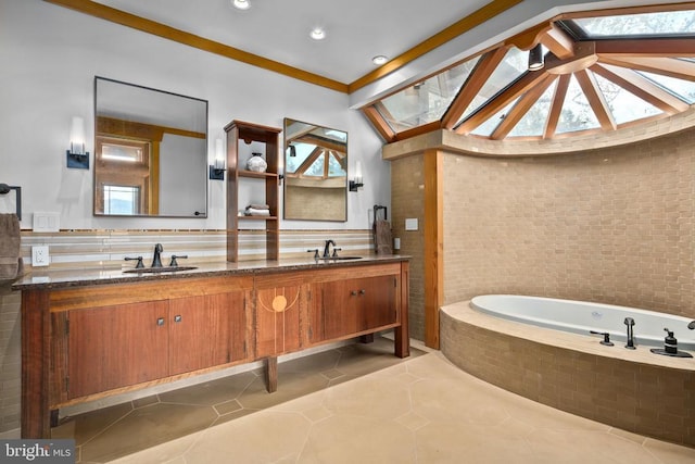 bathroom featuring tile flooring, a wealth of natural light, tasteful backsplash, and tiled tub