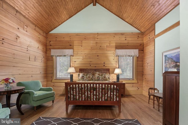 bedroom featuring wood walls, wooden ceiling, high vaulted ceiling, and dark hardwood / wood-style floors