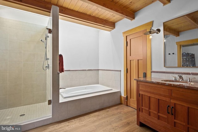 bathroom featuring beamed ceiling, wooden ceiling, independent shower and bath, and hardwood / wood-style flooring