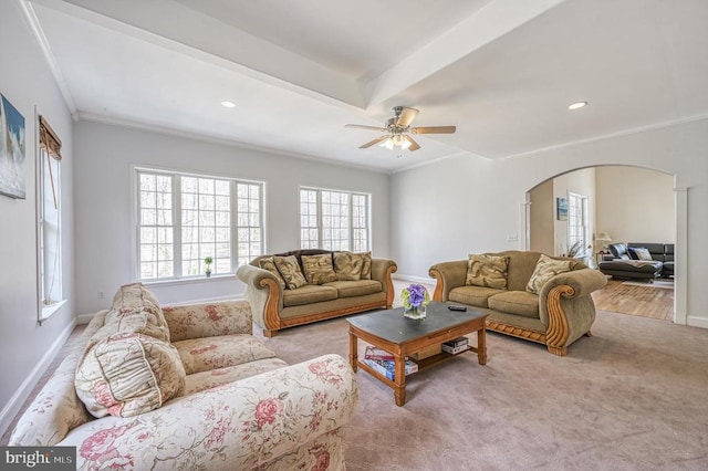 living room with ceiling fan, ornamental molding, and light carpet