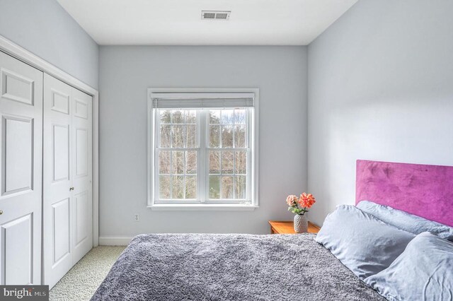 carpeted bedroom with a closet and multiple windows