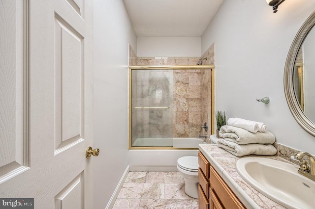 full bathroom with combined bath / shower with glass door, toilet, vanity, and tile flooring