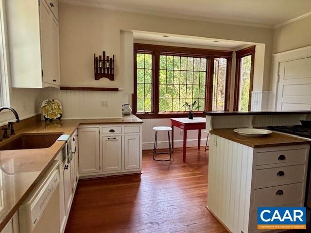 kitchen featuring a sink, white cabinetry, dishwasher, and ornamental molding