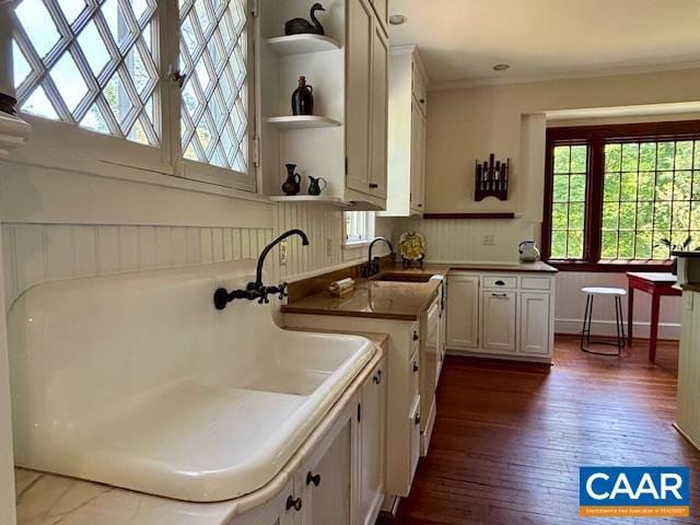 kitchen featuring open shelves, wainscoting, white cabinetry, a sink, and dark wood finished floors