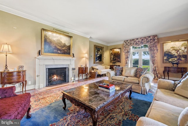 living room with crown molding