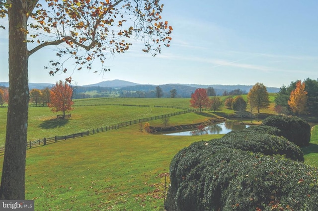 view of community featuring a lawn, a rural view, and a water and mountain view