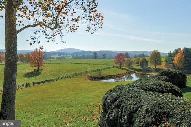 view of home's community featuring a yard, a rural view, and a water and mountain view