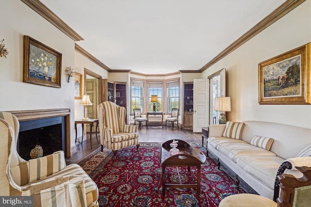 living room featuring ornamental molding and dark wood-type flooring