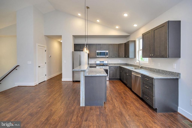 kitchen featuring appliances with stainless steel finishes, dark hardwood / wood-style floors, sink, and a kitchen island