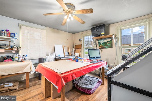 home office with light hardwood / wood-style flooring and ceiling fan