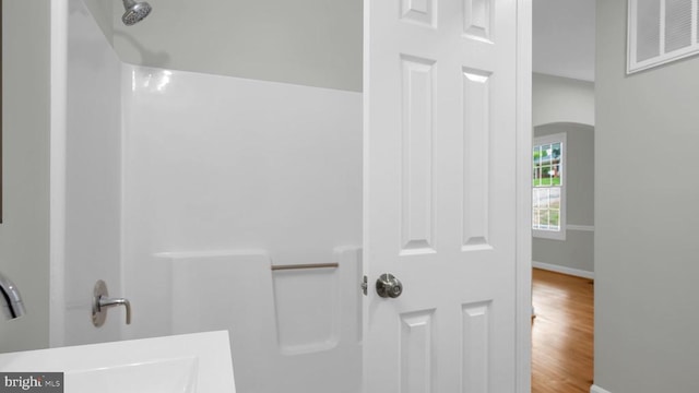 bathroom with wood-type flooring