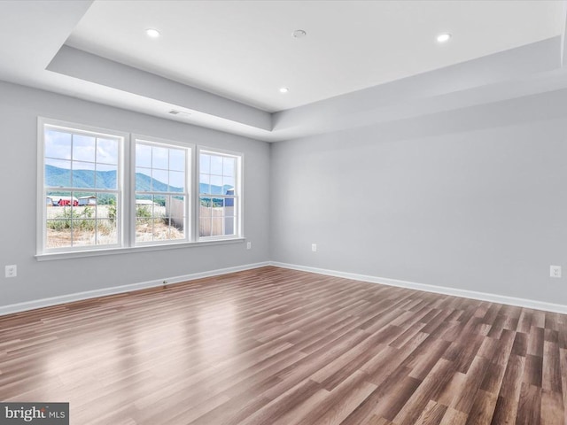 unfurnished room with hardwood / wood-style floors and a mountain view