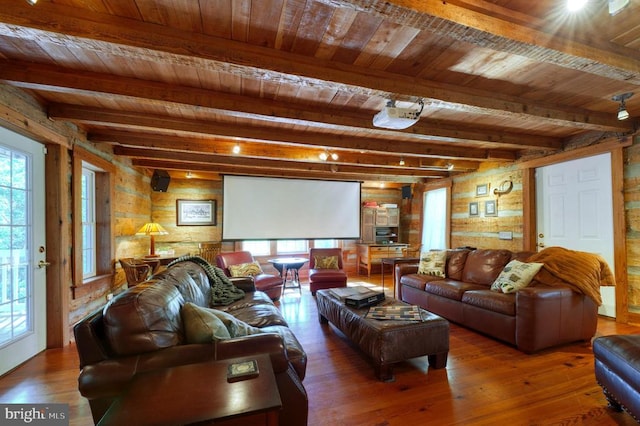 living room featuring wood walls, beam ceiling, dark hardwood / wood-style flooring, and wood ceiling