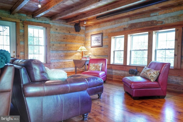 living room featuring wood-type flooring, beam ceiling, wooden walls, and wood ceiling