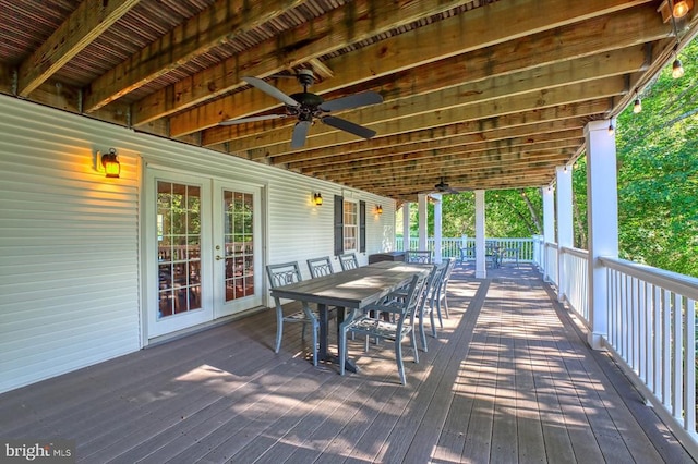 wooden terrace with french doors and ceiling fan