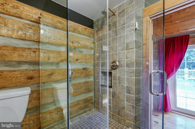 bathroom with toilet and a shower with door