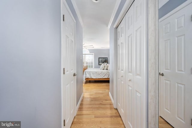 corridor featuring light hardwood / wood-style floors and crown molding