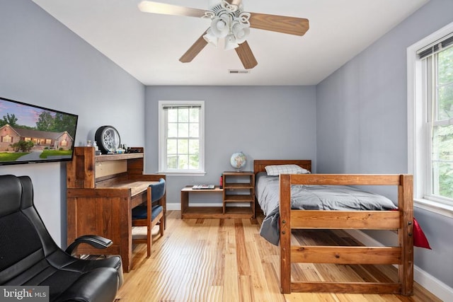 bedroom featuring ceiling fan and light wood-type flooring