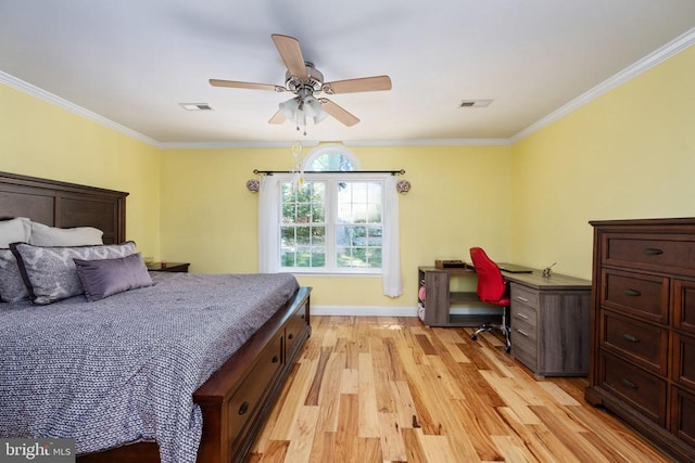 bedroom with ceiling fan, light hardwood / wood-style floors, and ornamental molding