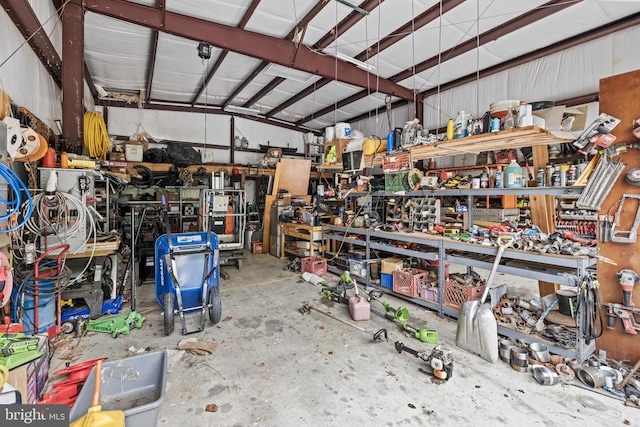 garage with a workshop area