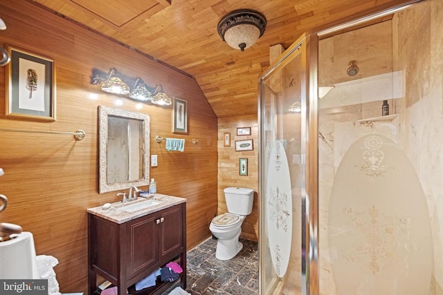 bathroom featuring wood walls, toilet, wood ceiling, vanity, and vaulted ceiling