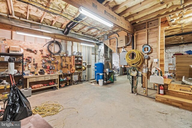 basement featuring a workshop area and electric panel