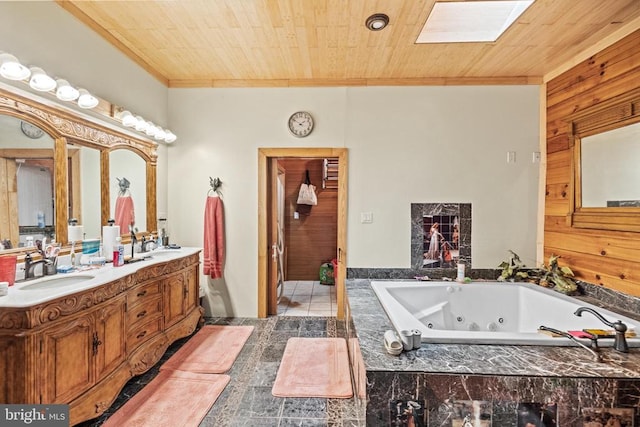 bathroom featuring tile patterned floors, wooden ceiling, a skylight, ornamental molding, and dual bowl vanity