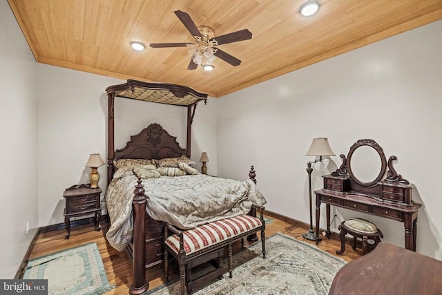 bedroom featuring wooden ceiling, light wood-type flooring, and ceiling fan