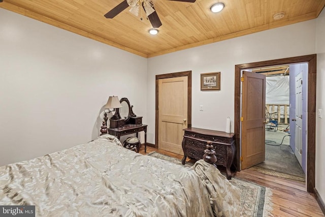 bedroom featuring light wood-type flooring, ceiling fan, and wooden ceiling