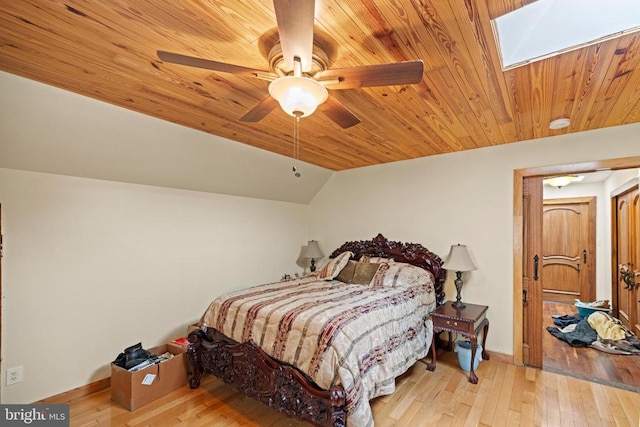 bedroom featuring light hardwood / wood-style floors, lofted ceiling with skylight, wooden ceiling, and ceiling fan