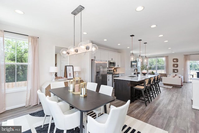 dining area featuring sink and hardwood / wood-style floors