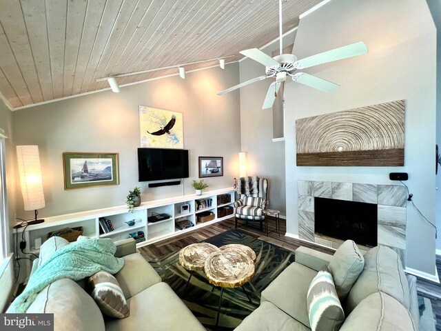 living room featuring wooden ceiling, hardwood / wood-style flooring, and track lighting