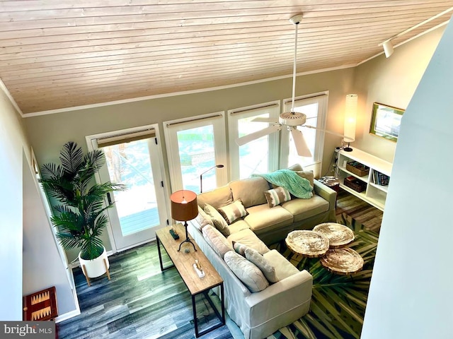 living room with hardwood / wood-style floors, ornamental molding, vaulted ceiling, ceiling fan, and wood ceiling