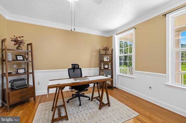 office area with ornamental molding, a textured ceiling, and light hardwood / wood-style flooring