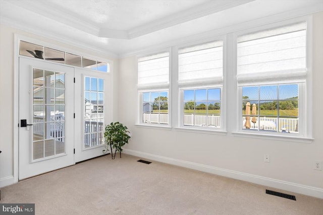 spare room with light colored carpet and ornamental molding