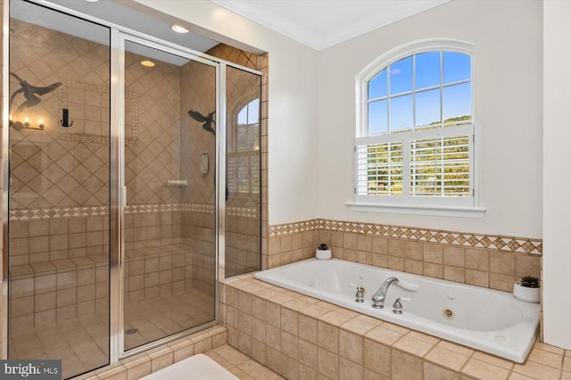 bathroom featuring ornamental molding, tile patterned flooring, and shower with separate bathtub