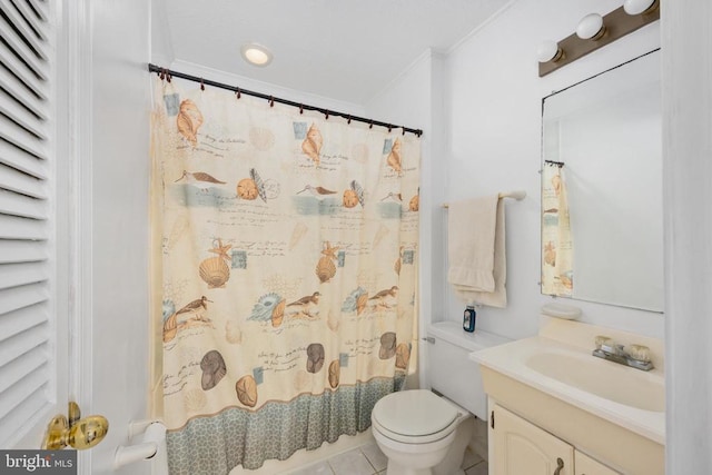 bathroom featuring toilet, tile patterned flooring, crown molding, vanity, and a shower with shower curtain